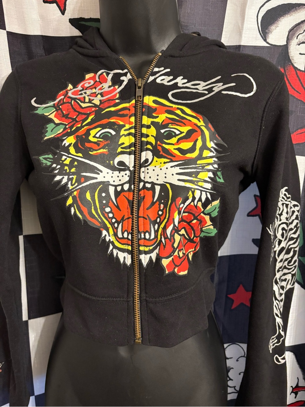 Ed Hardy Black Cropped Zip Hoodie with Multicolor Tiger & Rose Graphic